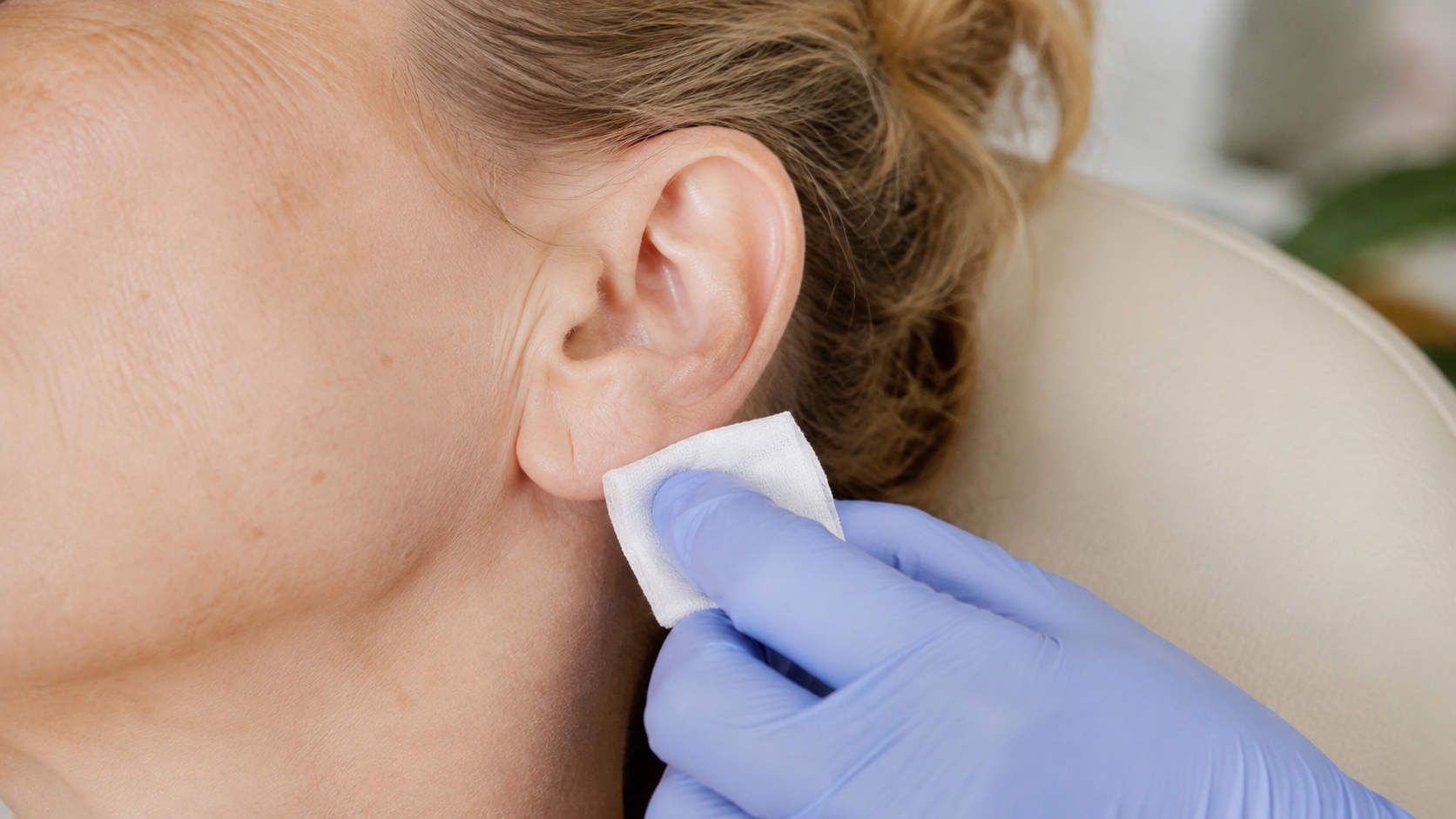 Close-up of an earlobe being gently prepared with a gauze pad held by a gloved hand