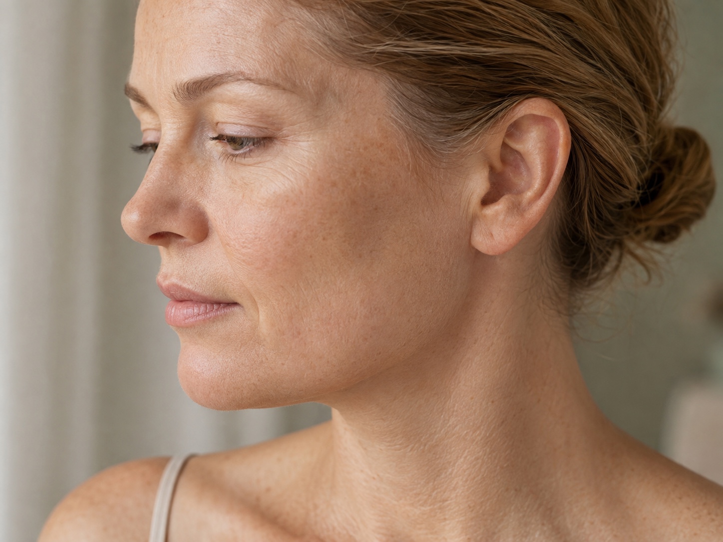 Close side view of a woman with her hair tied back, showing natural cheek volume and jaw shape