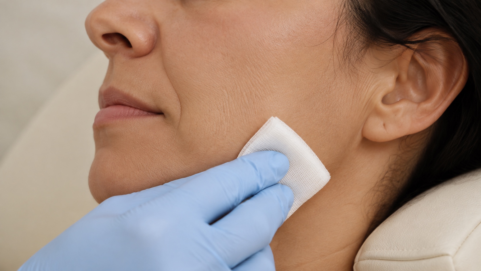 Close-up of a reclining woman with her cheek being gently prepared with gauze by a gloved hand