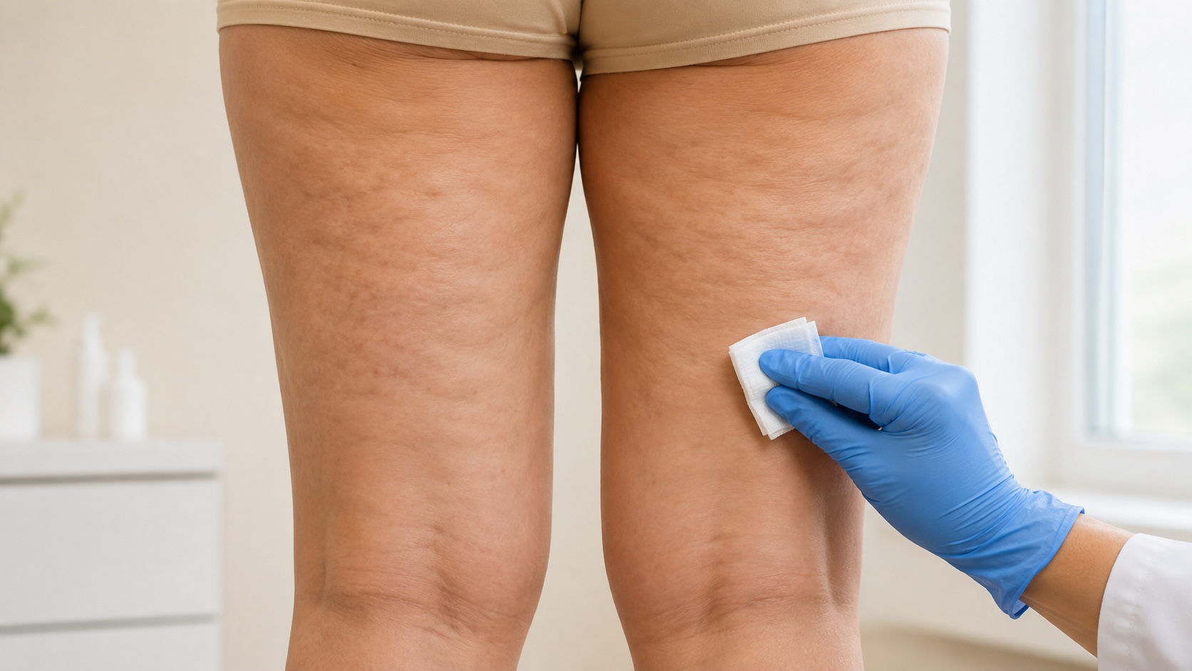 Illustrative skin preparation on the back of an adult woman’s leg with natural cellulite, using a gloved hand and gauze
