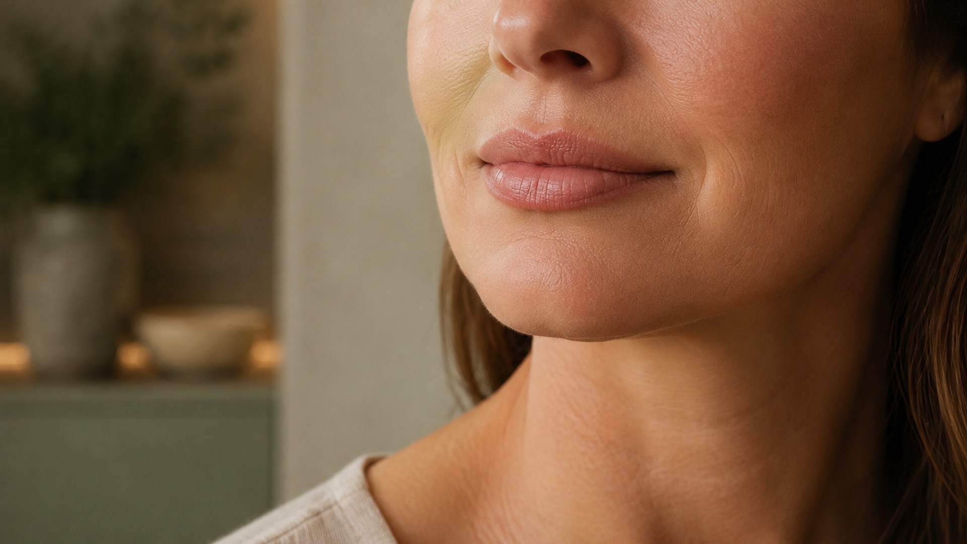 Close view of a woman’s natural lips, lower face and jawline in soft clinic light
