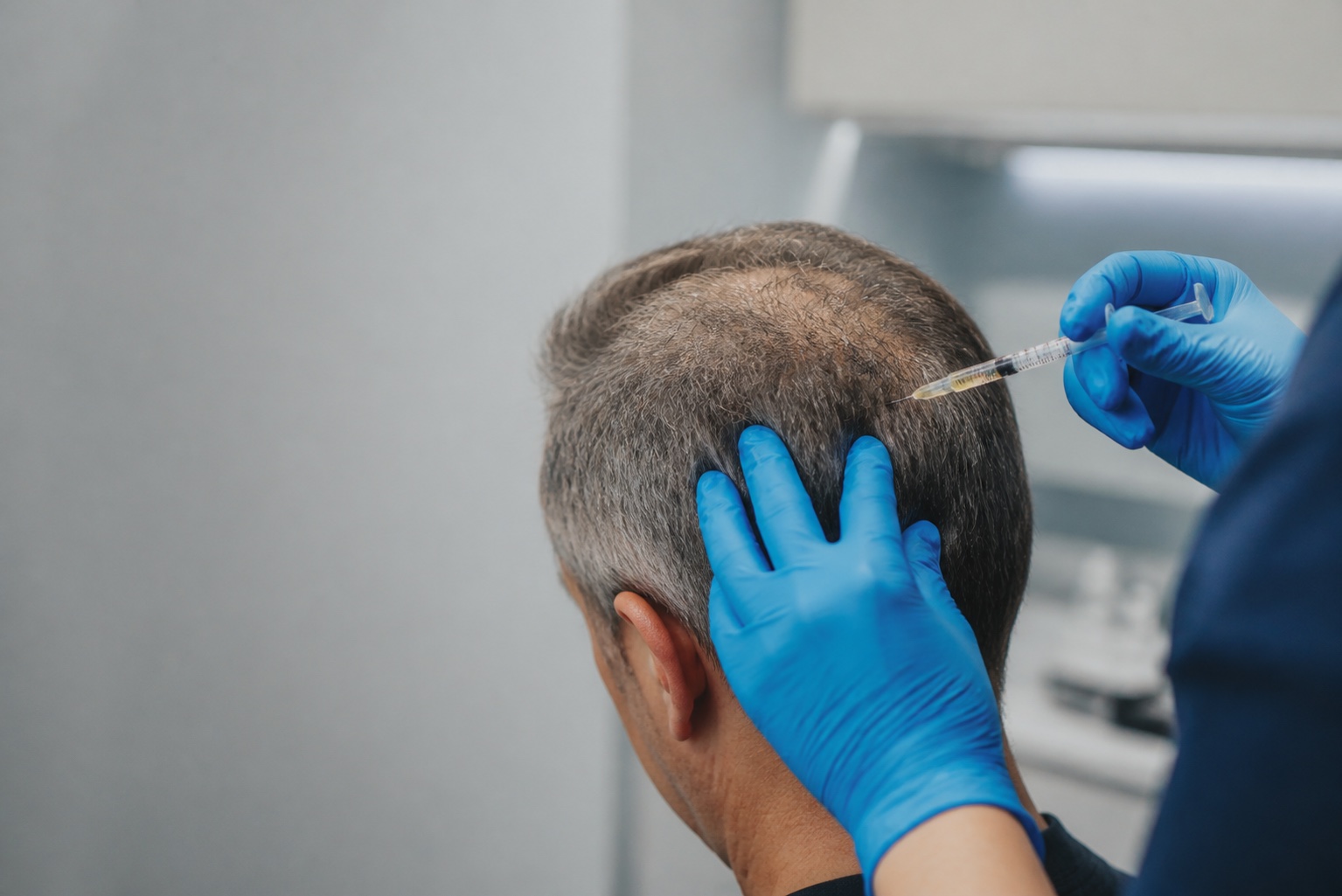 PRP being injected into an area of thinning hair on a male patient’s scalp