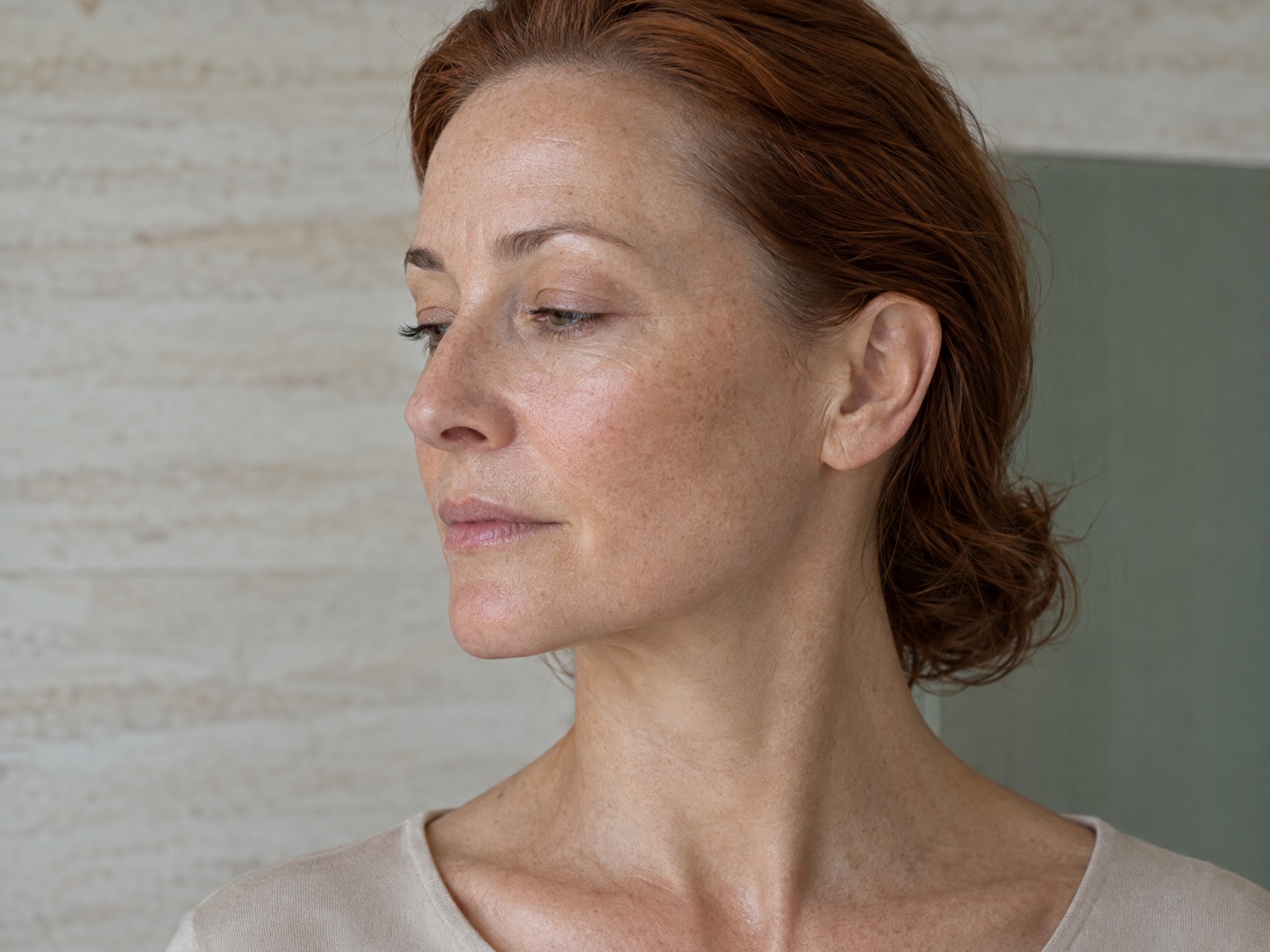 Close three-quarter view of a woman with her hair tucked back, showing the relationship between her temple, cheek and jawline