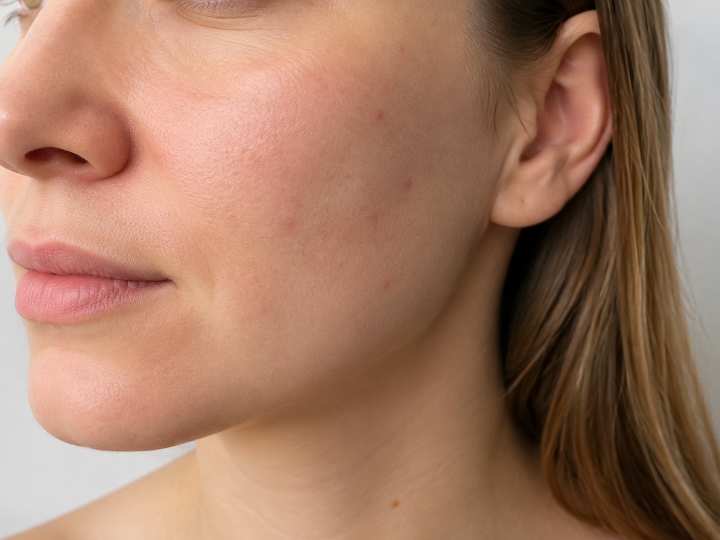 Illustrative close-up of a woman's cheek with mild blemishes and uneven skin tone
