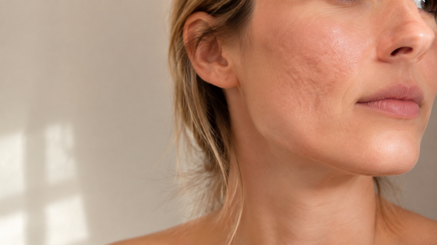 Illustrative close-up of a woman with mild healed acne scarring on her cheek