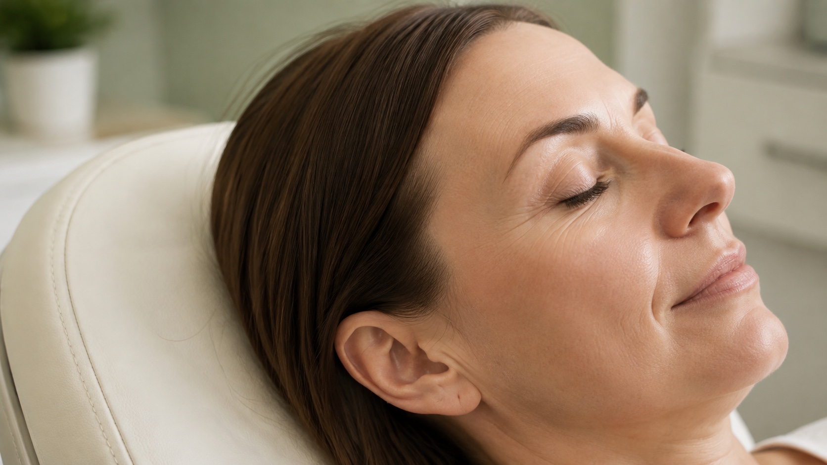Woman reclining on a cream treatment couch with her temple and outer eye visible