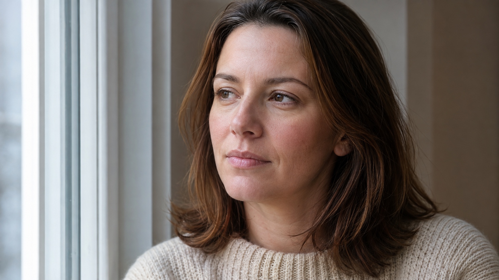 Illustrative portrait of a woman in a cream jumper beside a window in soft winter daylight